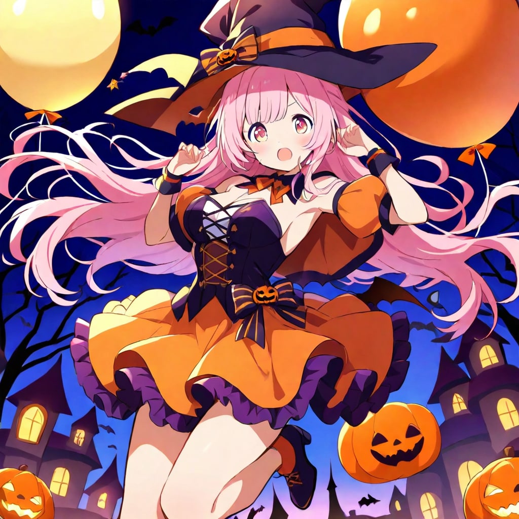 巨大風船を持つハロウィン衣装の美女は遊園地で遊ぶ。