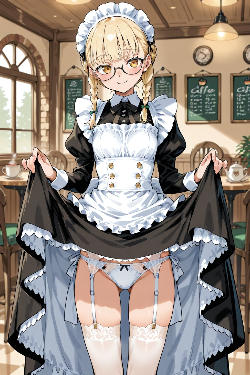 眼鏡っ娘メイドのロングスカートたくし上げ