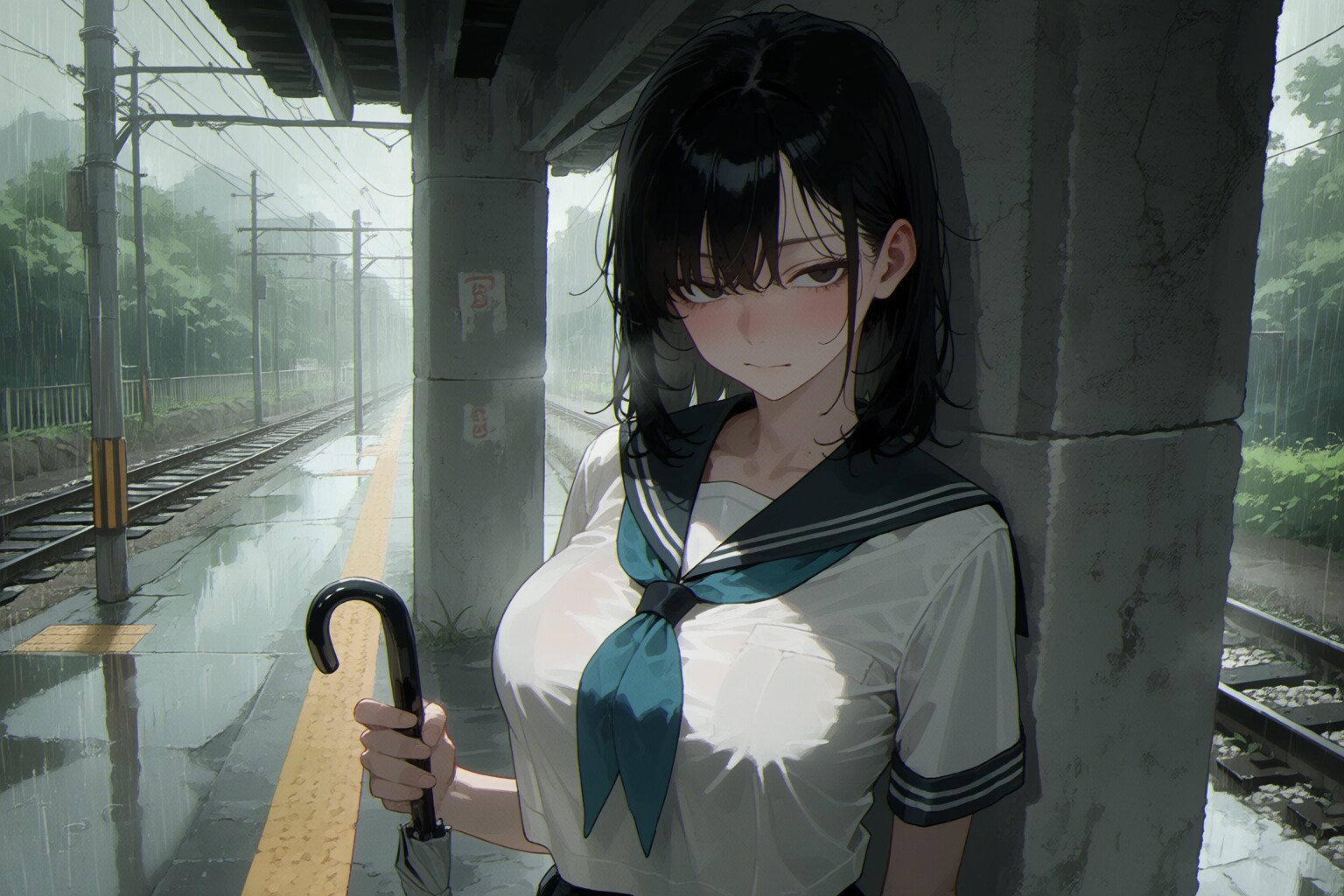 雨の無人駅
