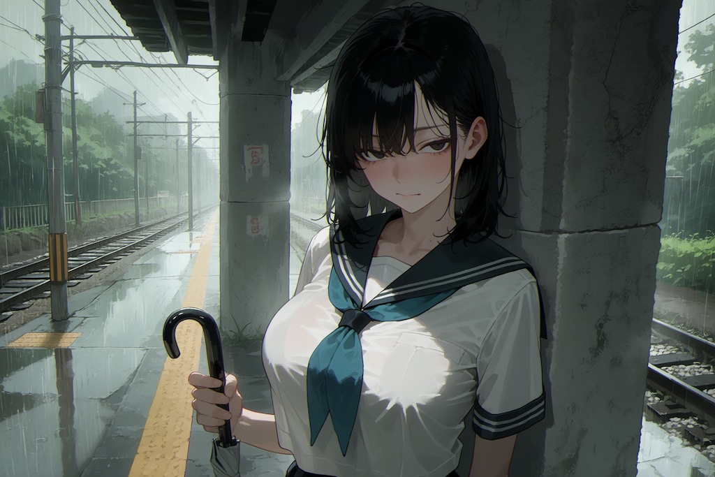 雨の無人駅