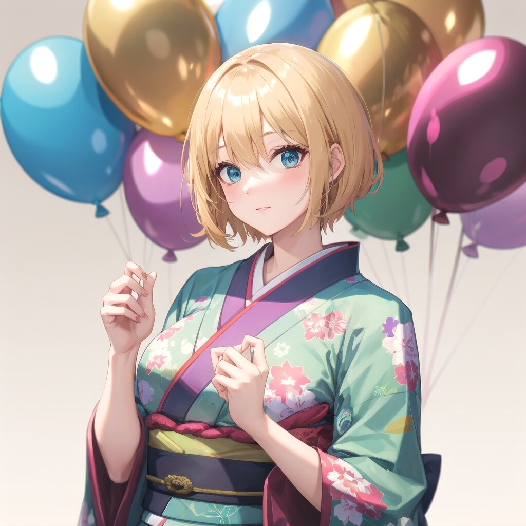 いっぱい風船を持つブロンドショートカットの着物着た美女。 | の人気AIイラスト・グラビア