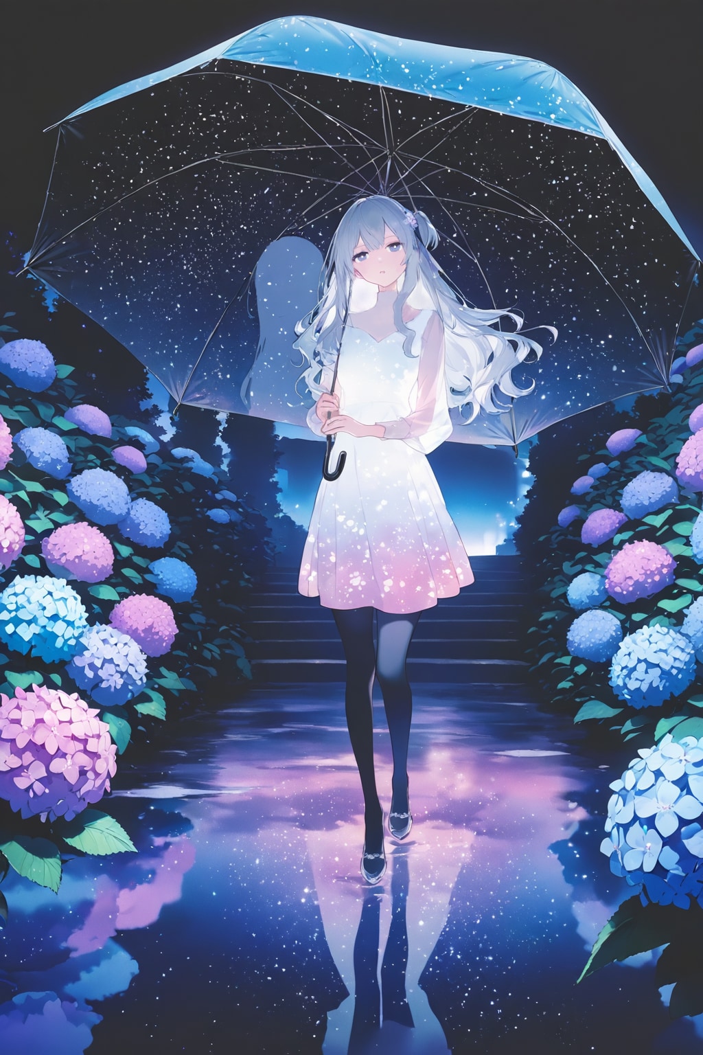 紫陽花と水鏡に溶ける夜