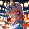玉藻前と夏祭りの夜、提灯の下でりんご飴と手つなぎのお誘い 5枚目
