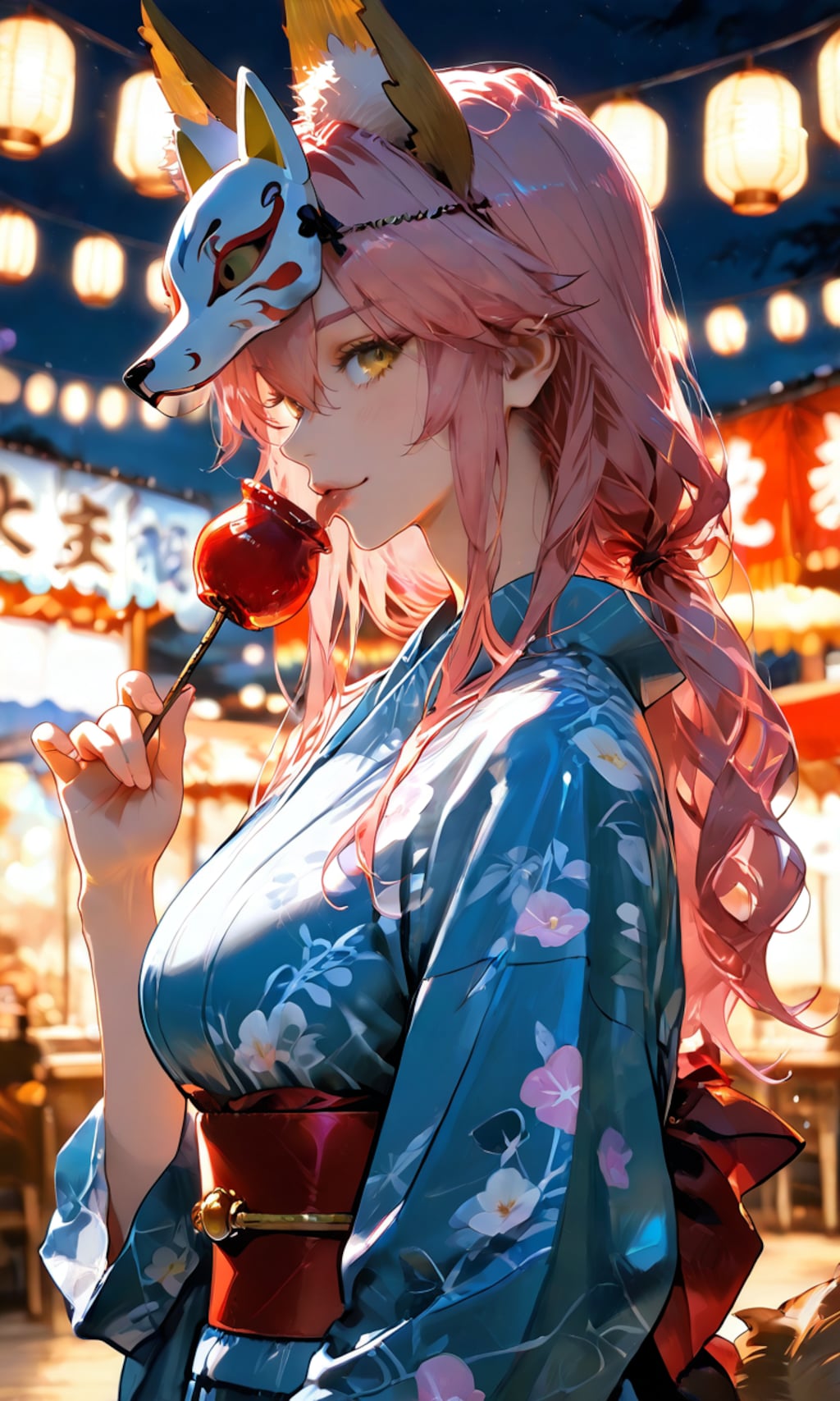 玉藻前と夏祭りの夜、提灯の下でりんご飴と手つなぎのお誘い