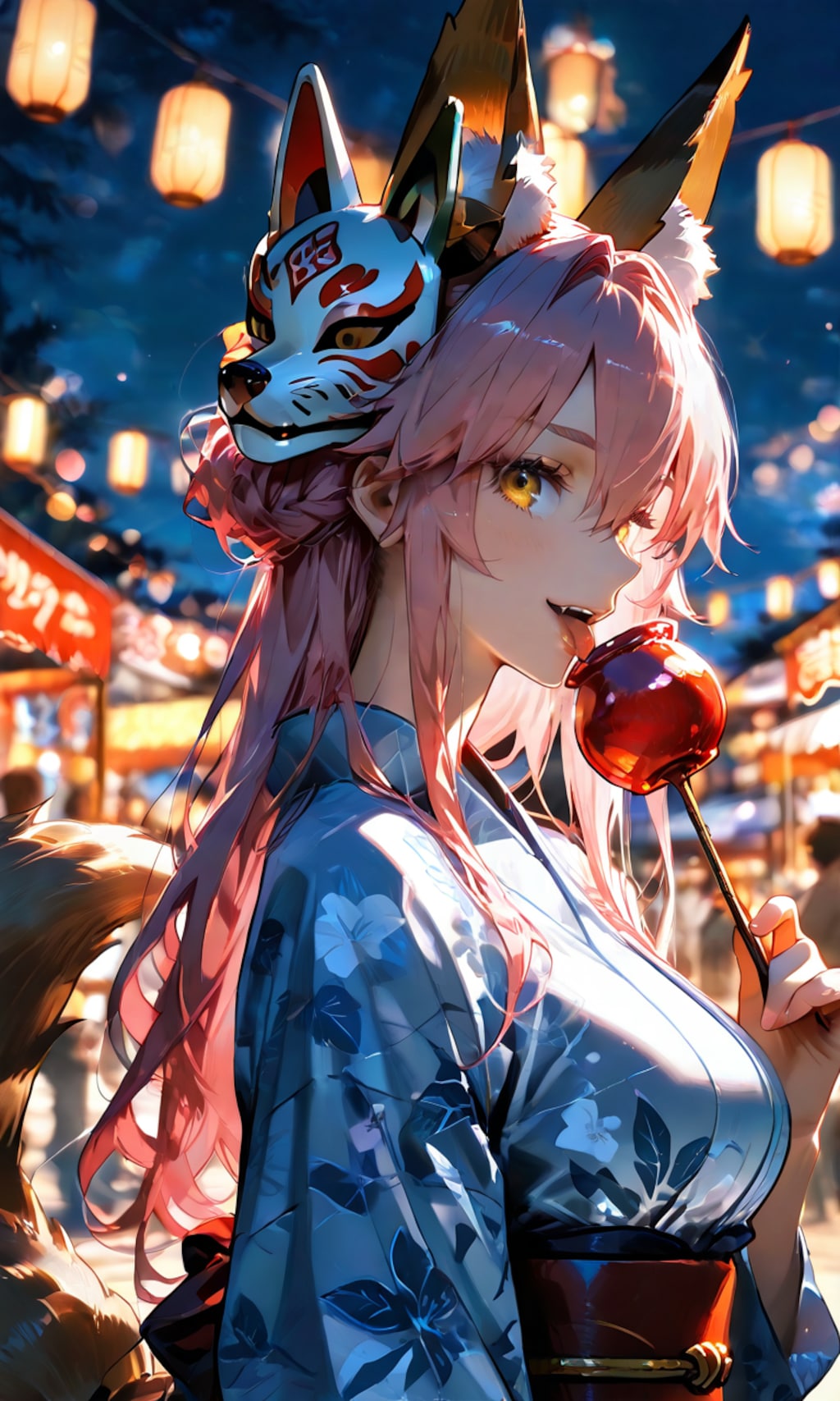 玉藻前と夏祭りの夜、提灯の下でりんご飴と手つなぎのお誘い