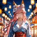 玉藻前と夏祭りの夜、提灯の下でりんご飴と手つなぎのお誘い 2枚目