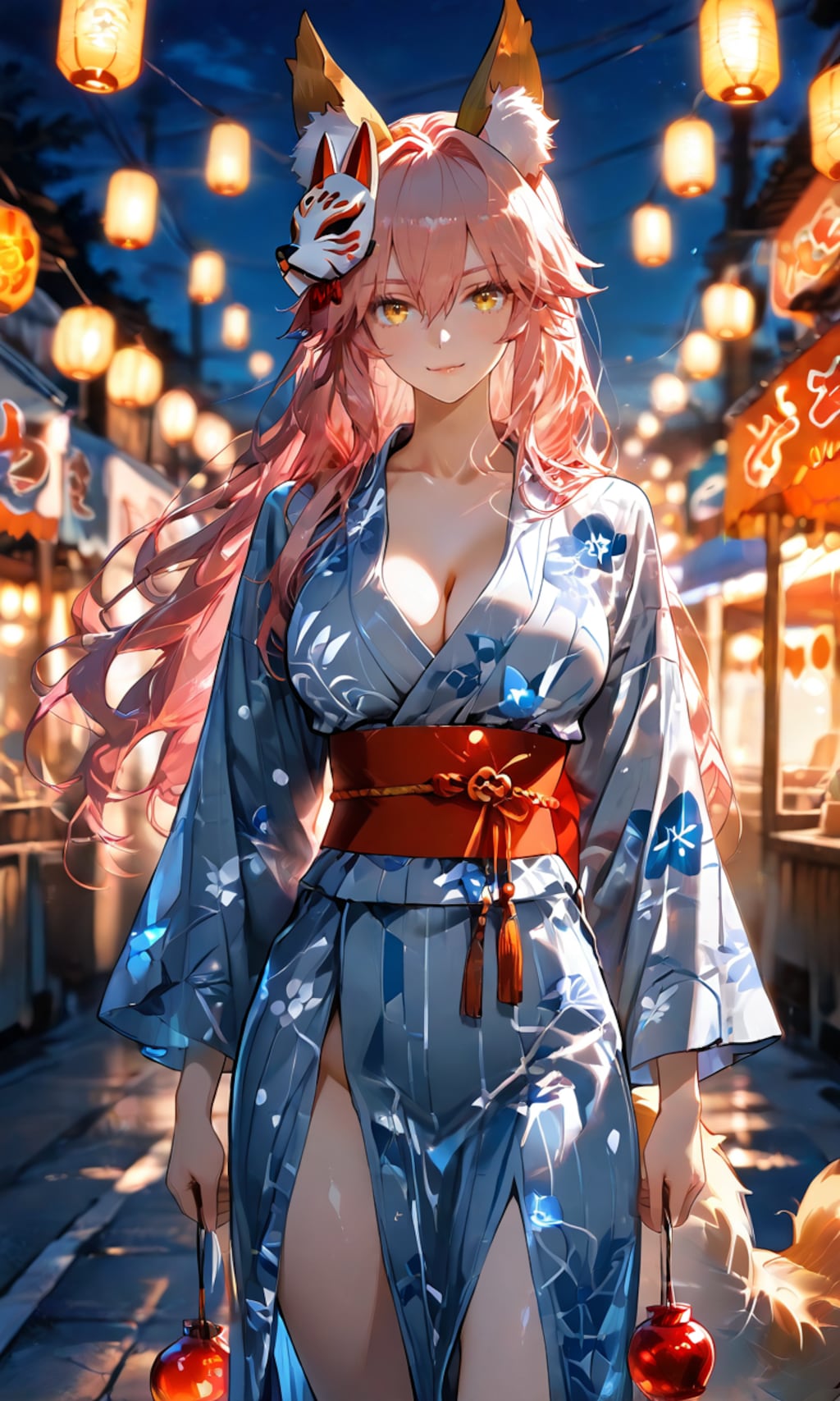 玉藻前と夏祭りの夜、提灯の下でりんご飴と手つなぎのお誘い