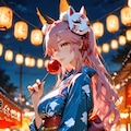 玉藻前と夏祭りの夜、提灯の下でりんご飴と手つなぎのお誘い 3枚目