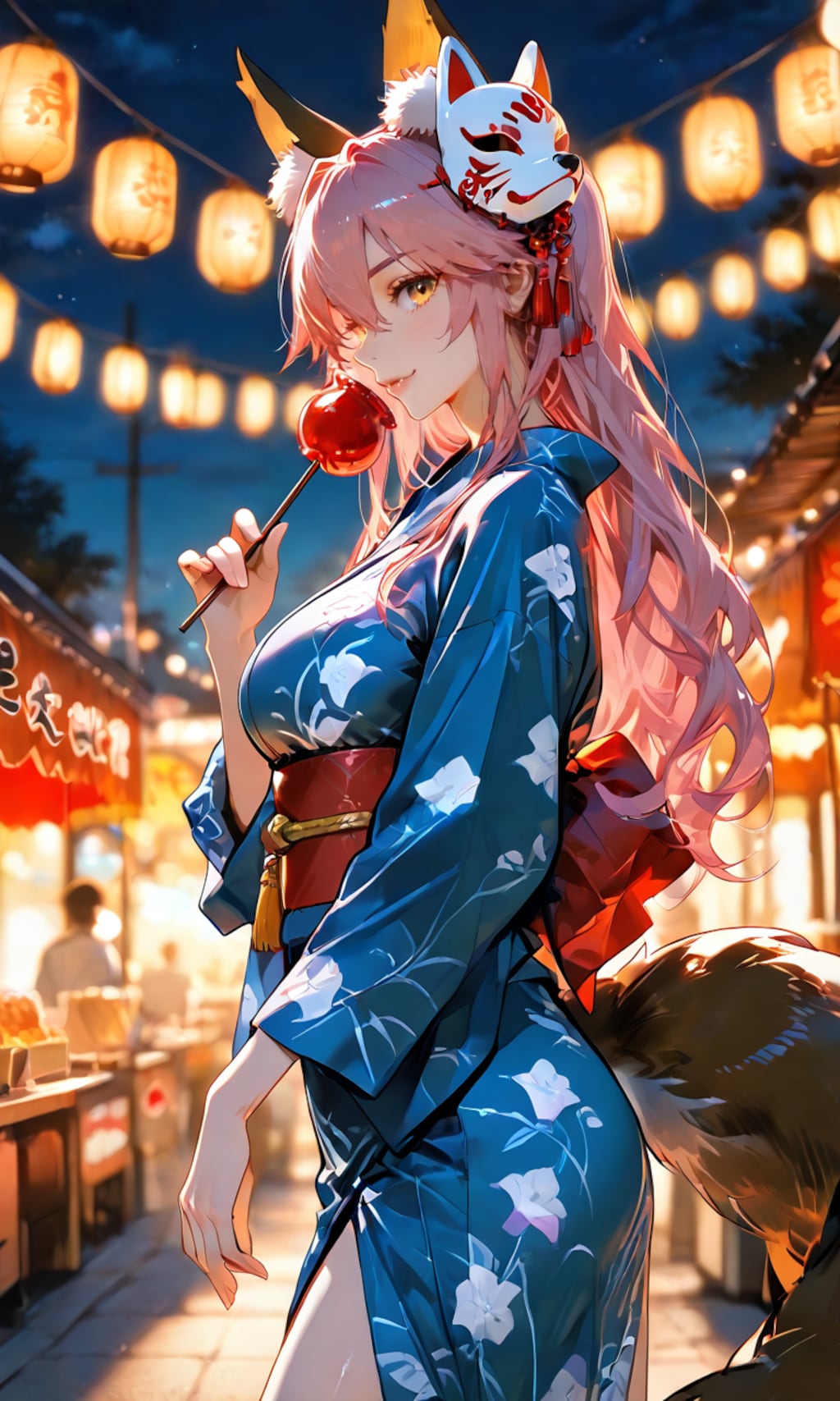 玉藻前と夏祭りの夜、提灯の下でりんご飴と手つなぎのお誘い