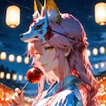 玉藻前と夏祭りの夜、提灯の下でりんご飴と手つなぎのお誘い 4枚目