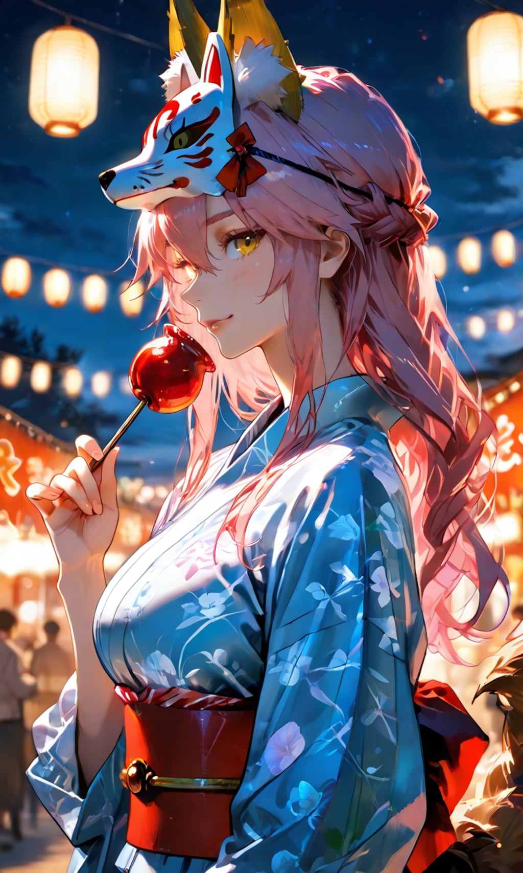 玉藻前と夏祭りの夜、提灯の下でりんご飴と手つなぎのお誘い