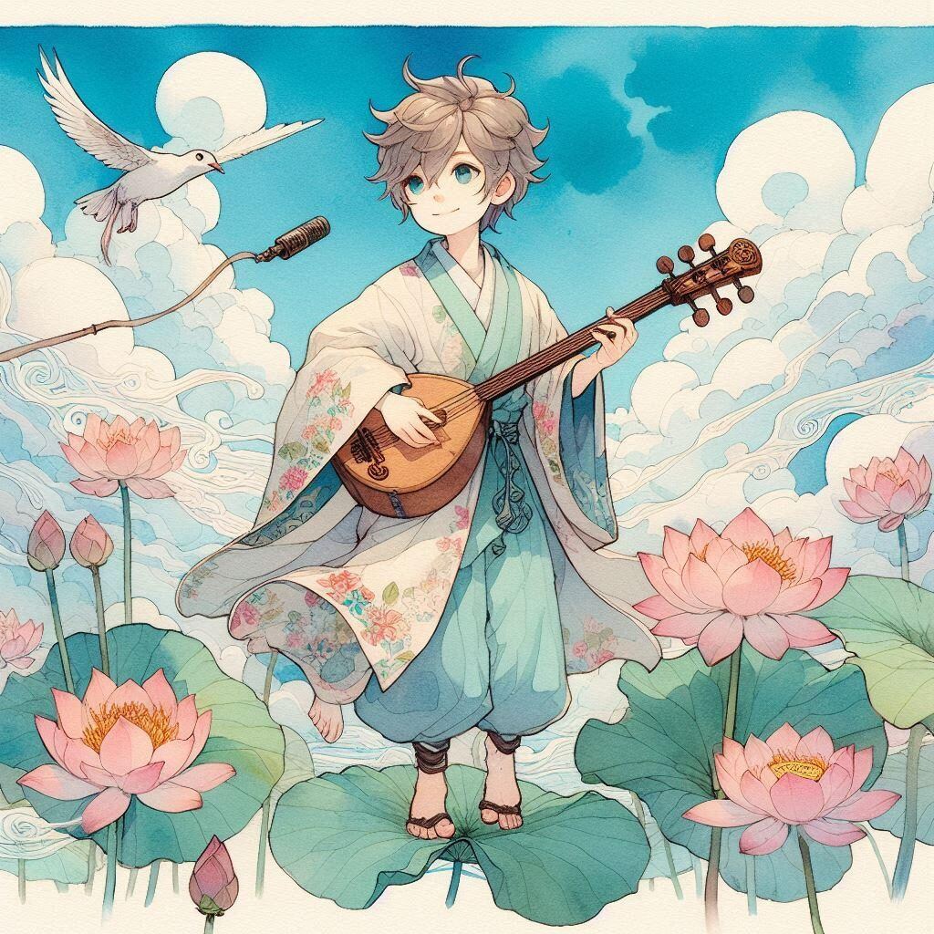 楽器を持つ少年と蓮