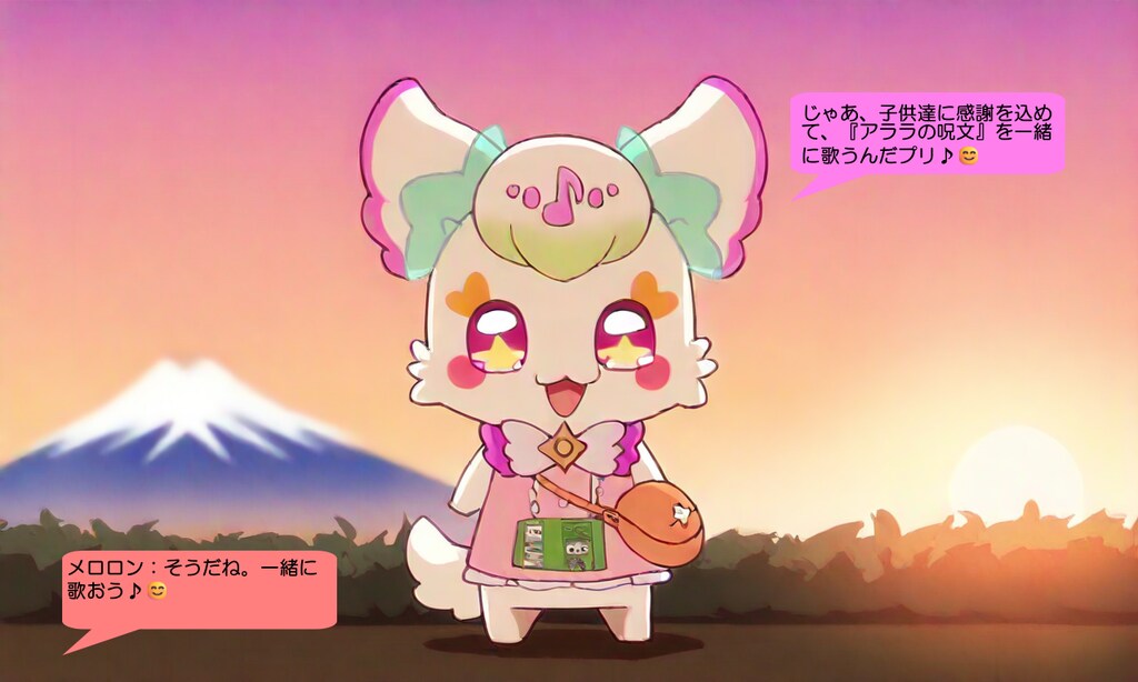 プリルン、富士山が背景の茶畑の手前で歌う