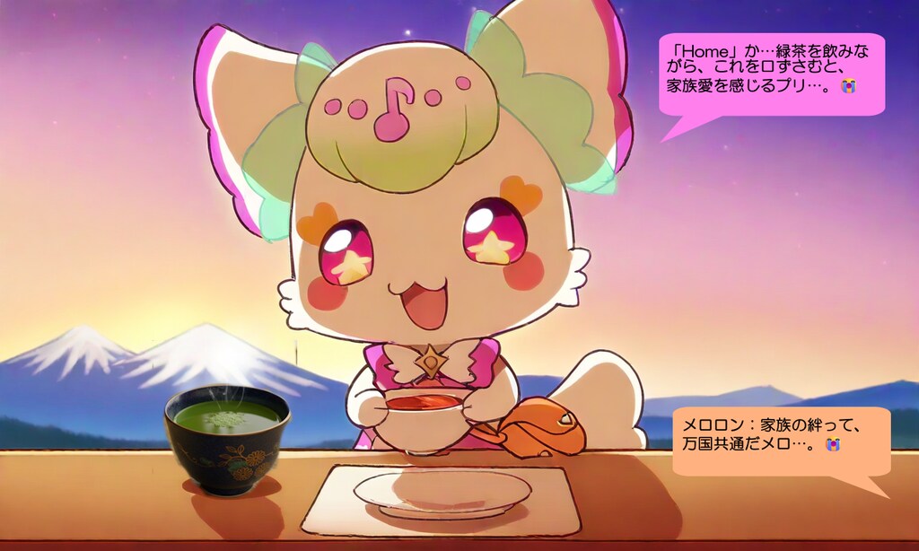 プリルン、富士山が背景の茶畑の手前で歌う