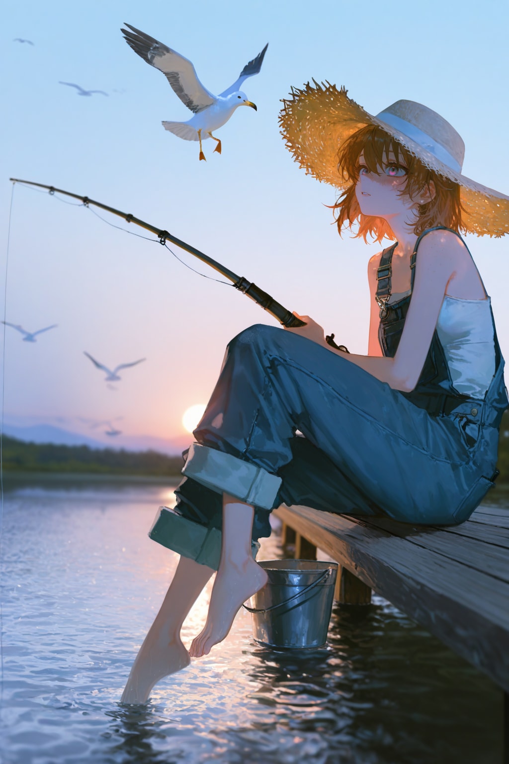 釣り人と魚を狙うカモメ