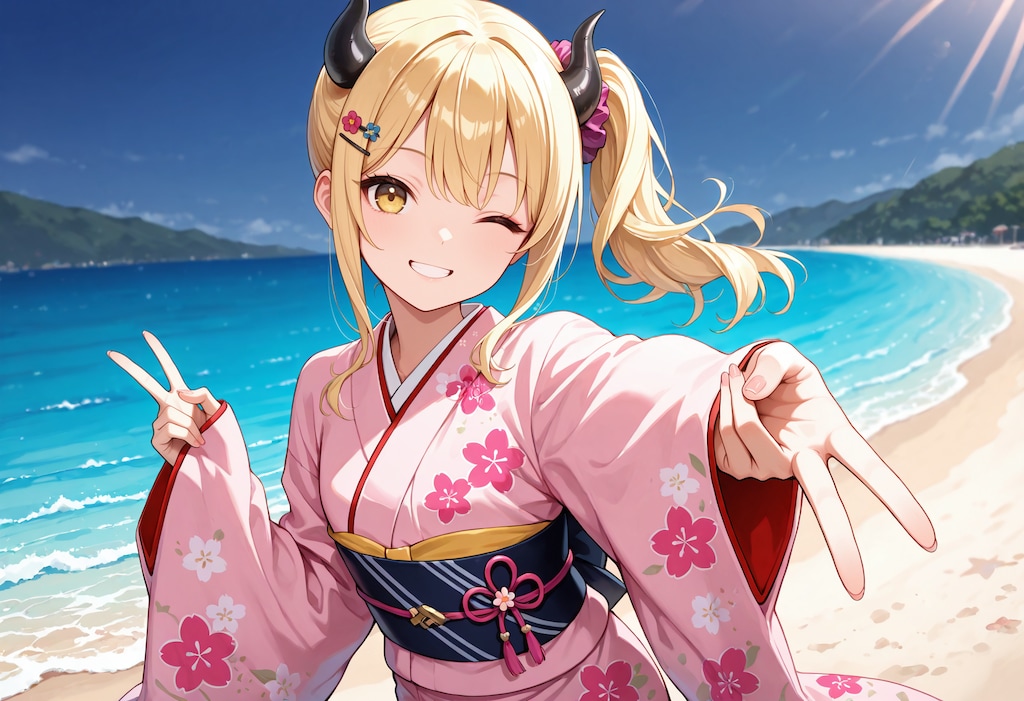 海と着物と女鬼高生さん