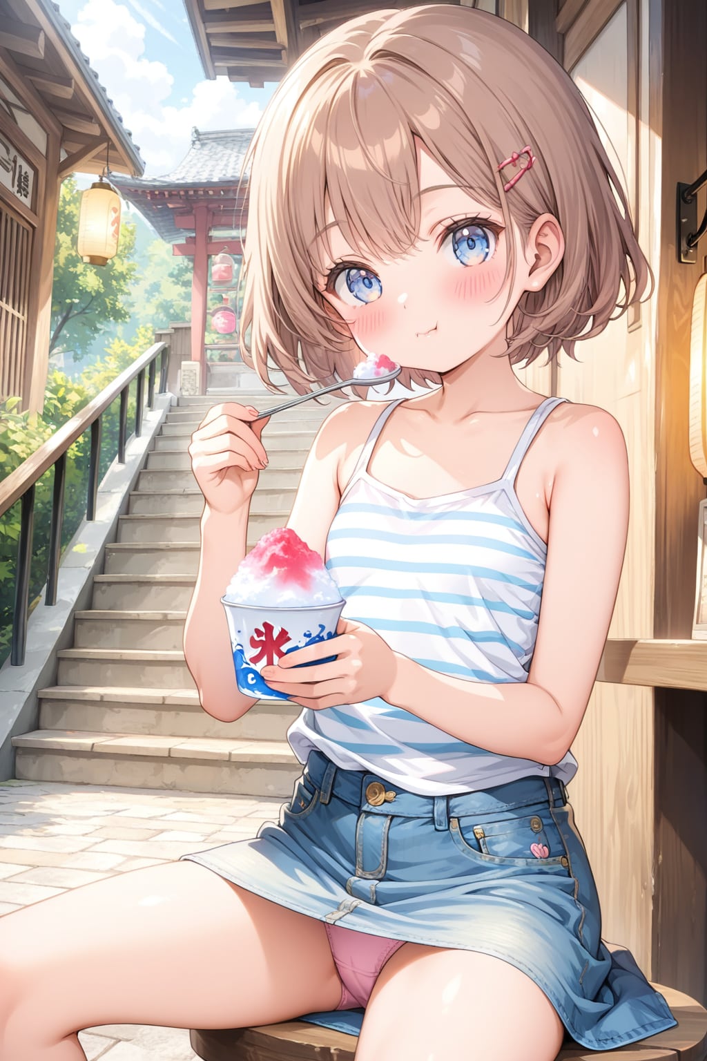 パンチラに一切気付かず、かき氷に夢中な女の子
