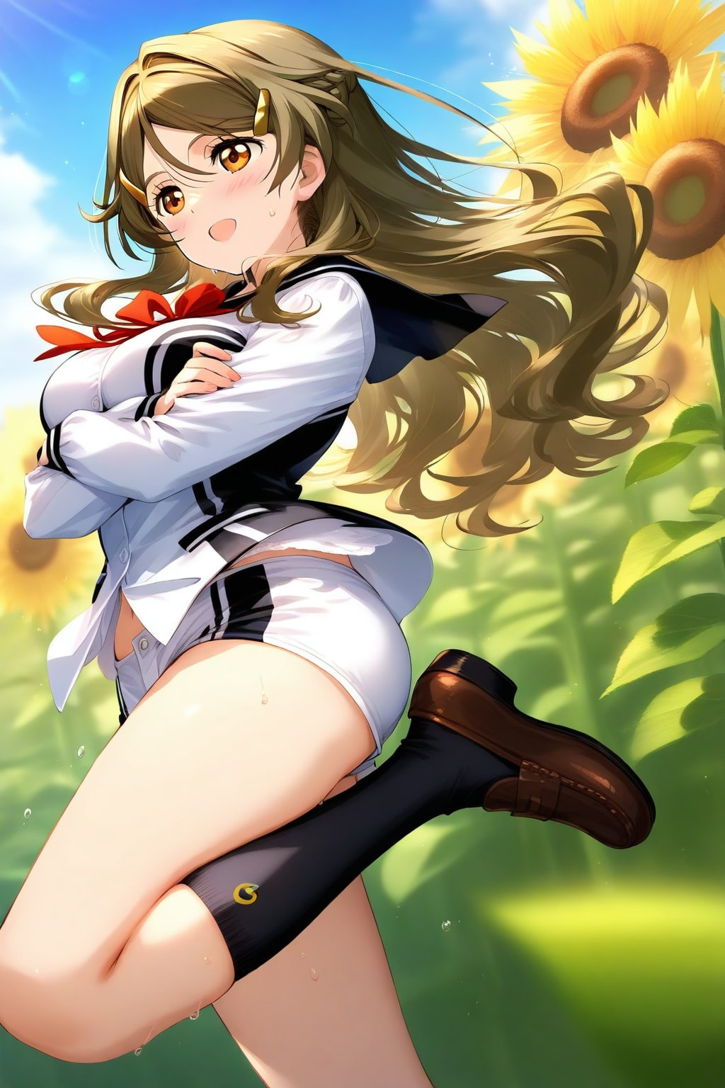 ひまわりがひまわり畑を走っている