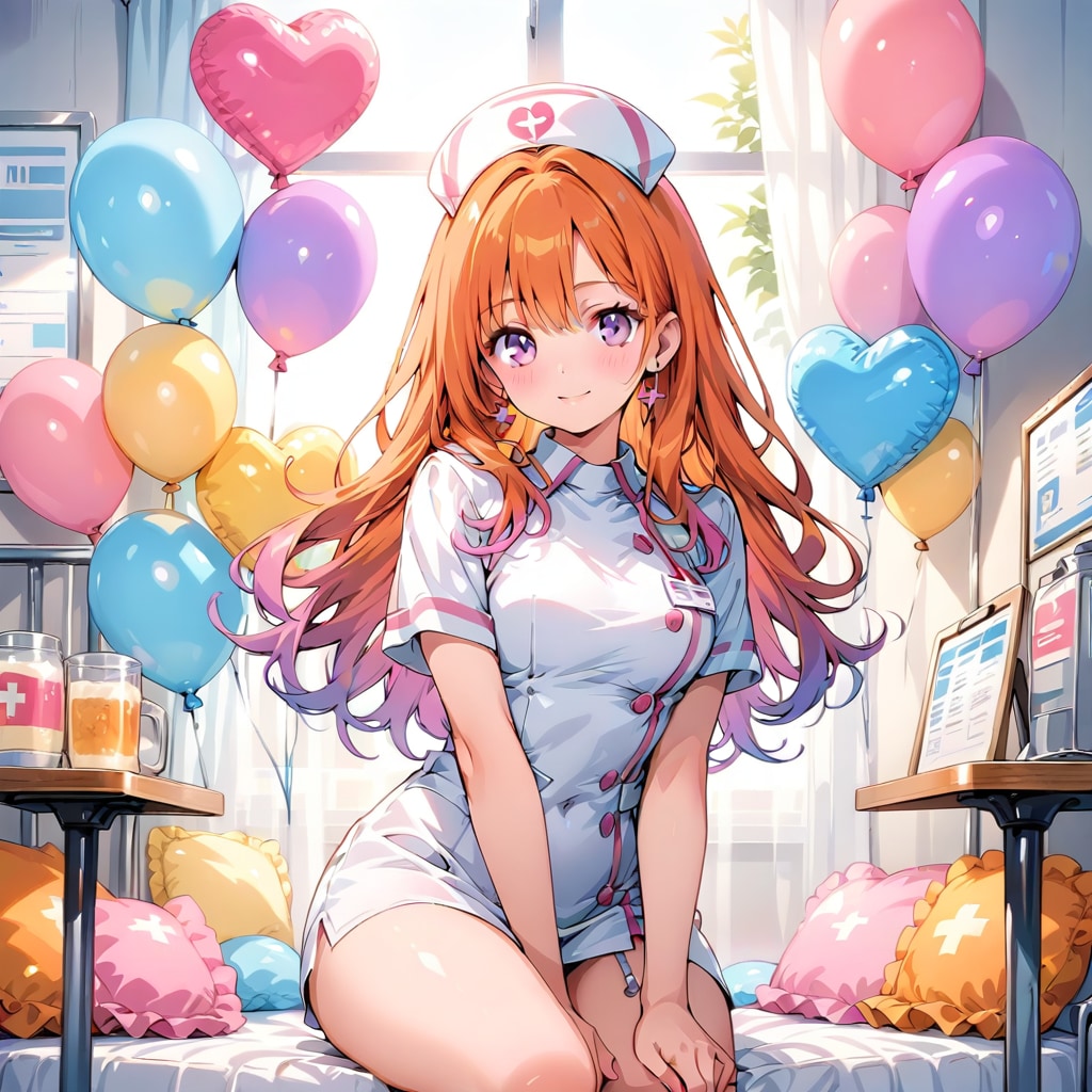 いっぱい色とりどりの風船を持つオレンジ髪ロングのナース服着た美女 | の人気AIイラスト・グラビア