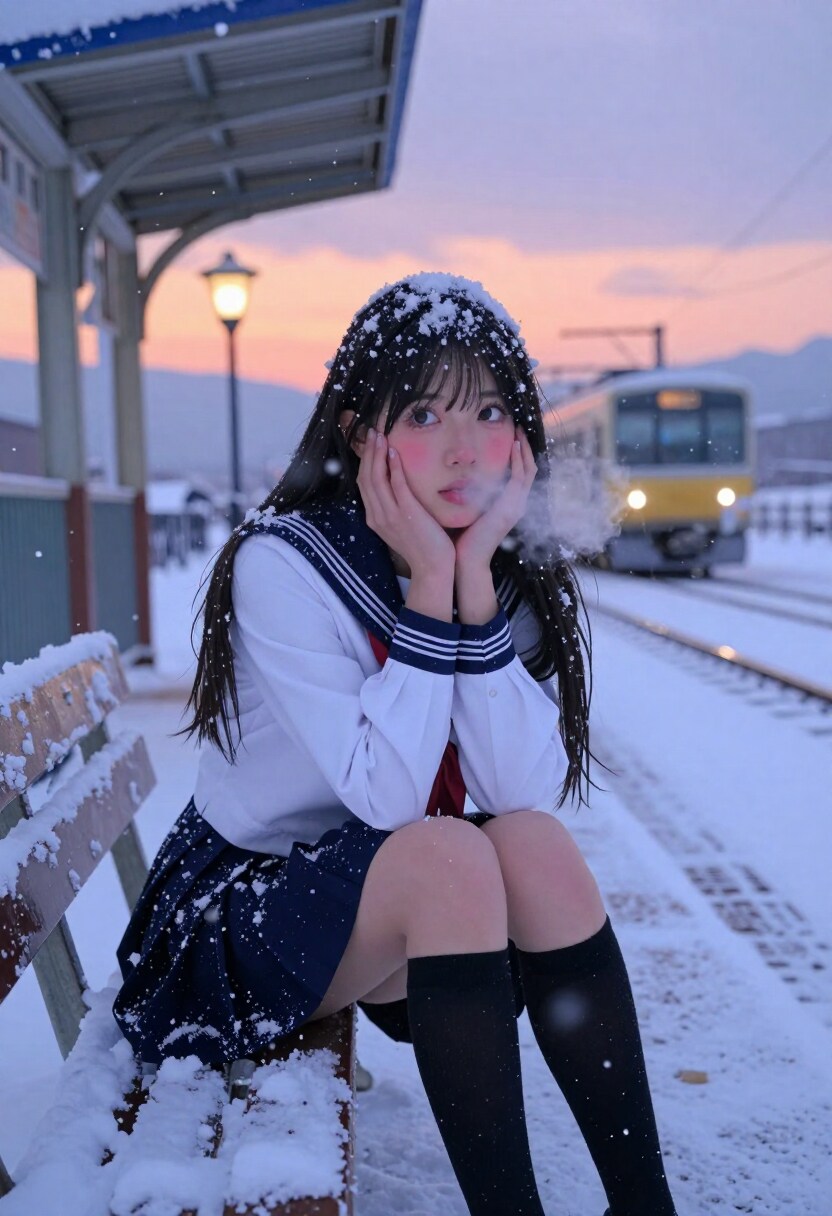 雪のホーム、君の吐息だけが溶ける
