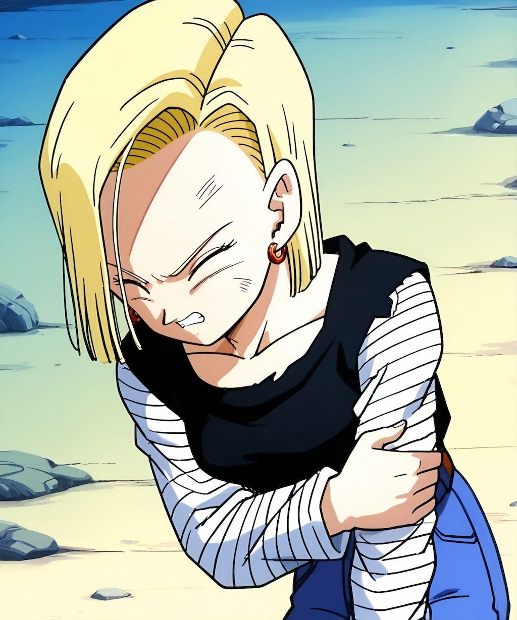 傷ついた肩を抑える18号