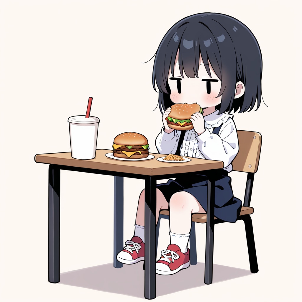 照り焼きバーガーを食べる