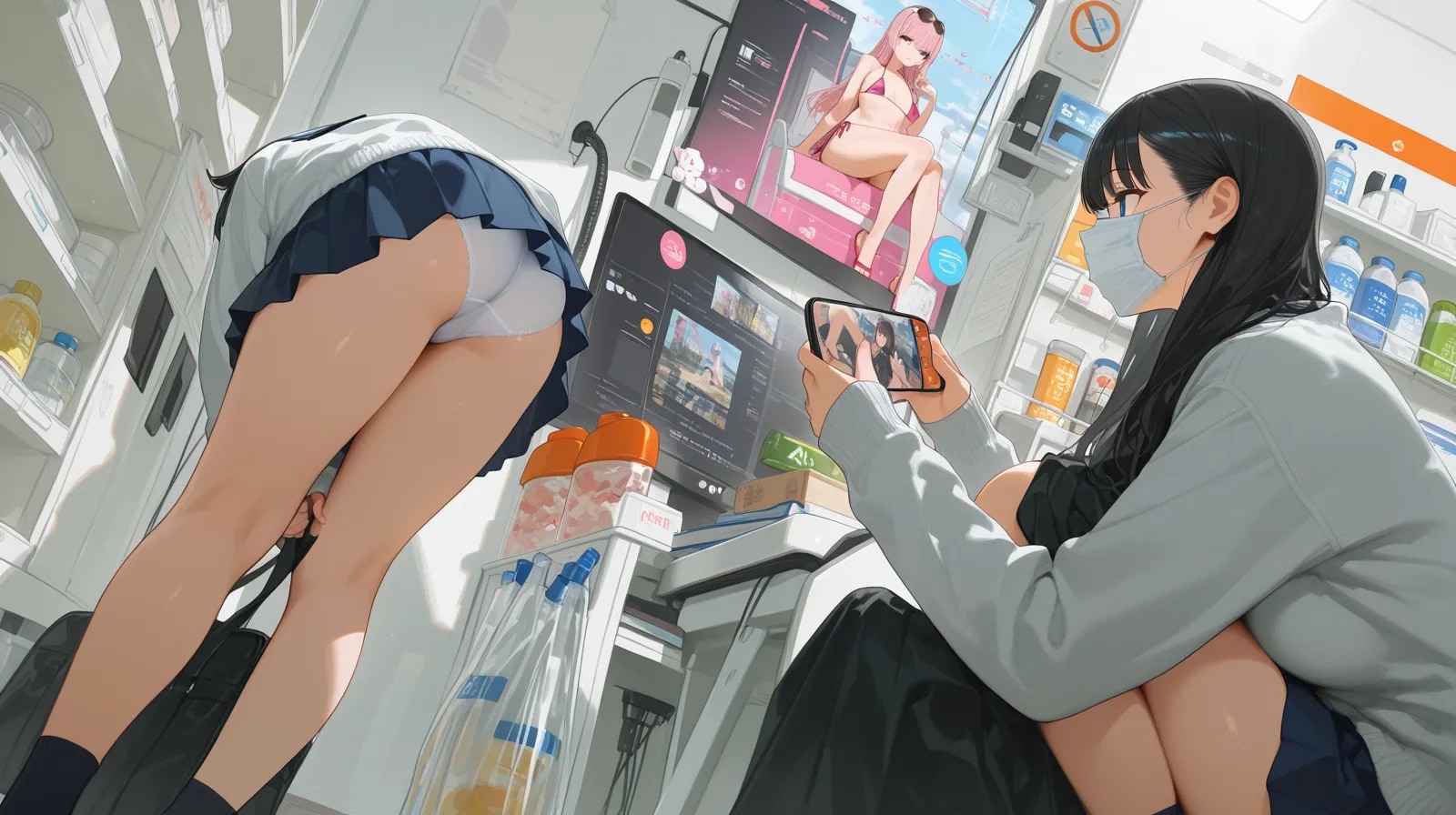 制服JKのパンチラ　前かがみ
