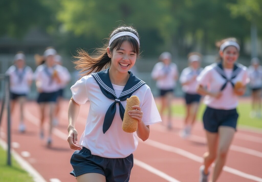 制服でパンを持って徒競走