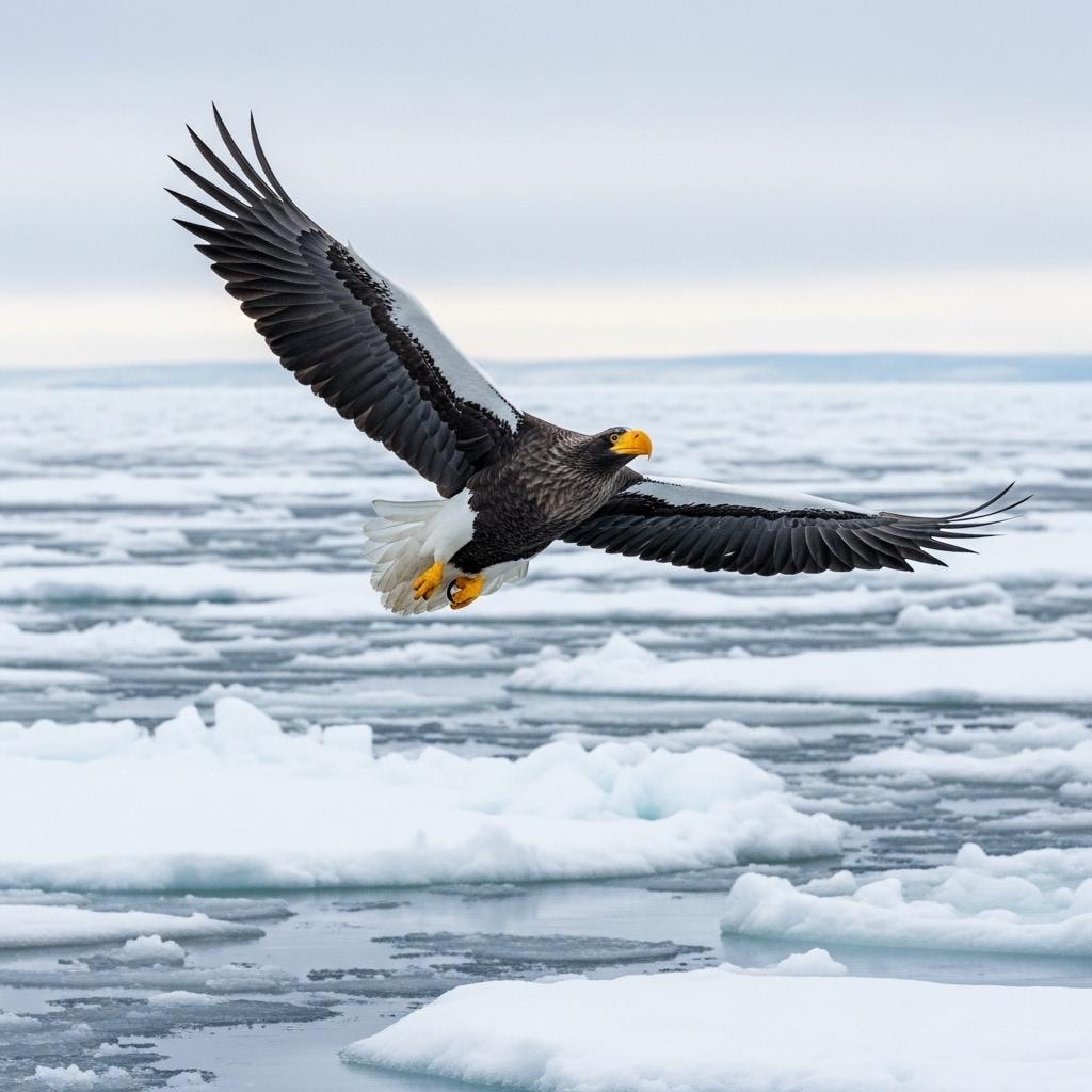 流氷の上を飛びオジロワシ