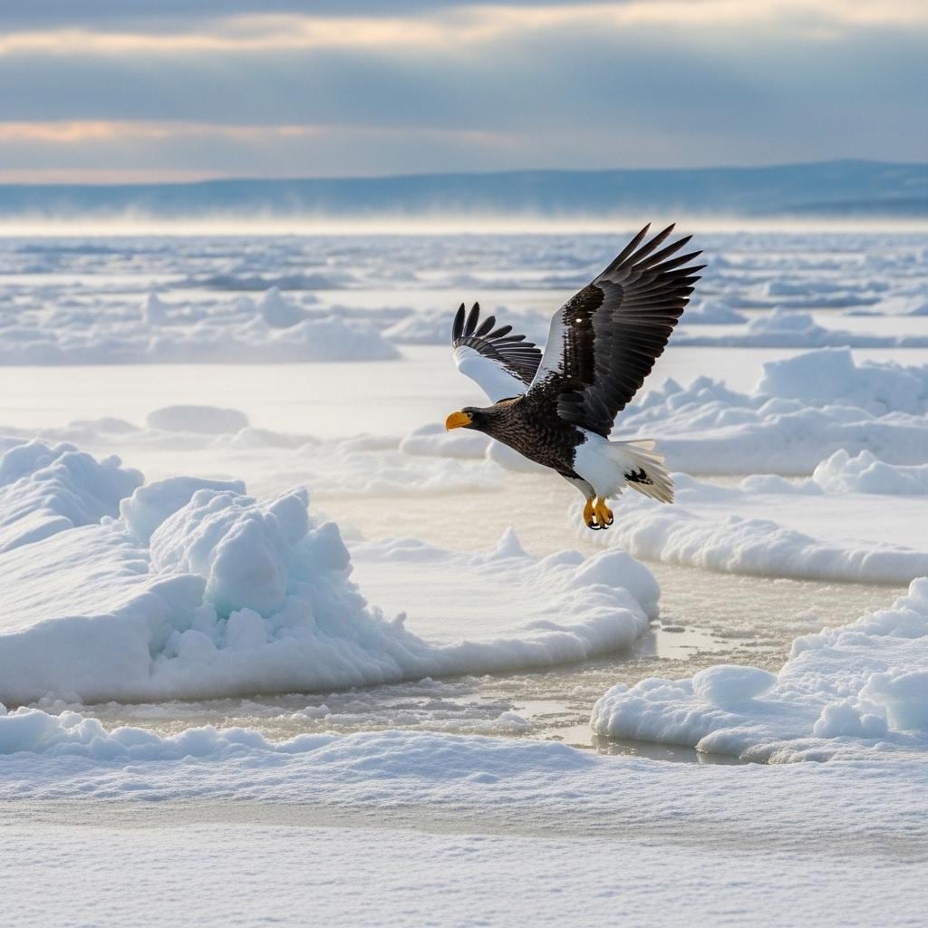 流氷の上を飛びオジロワシ
