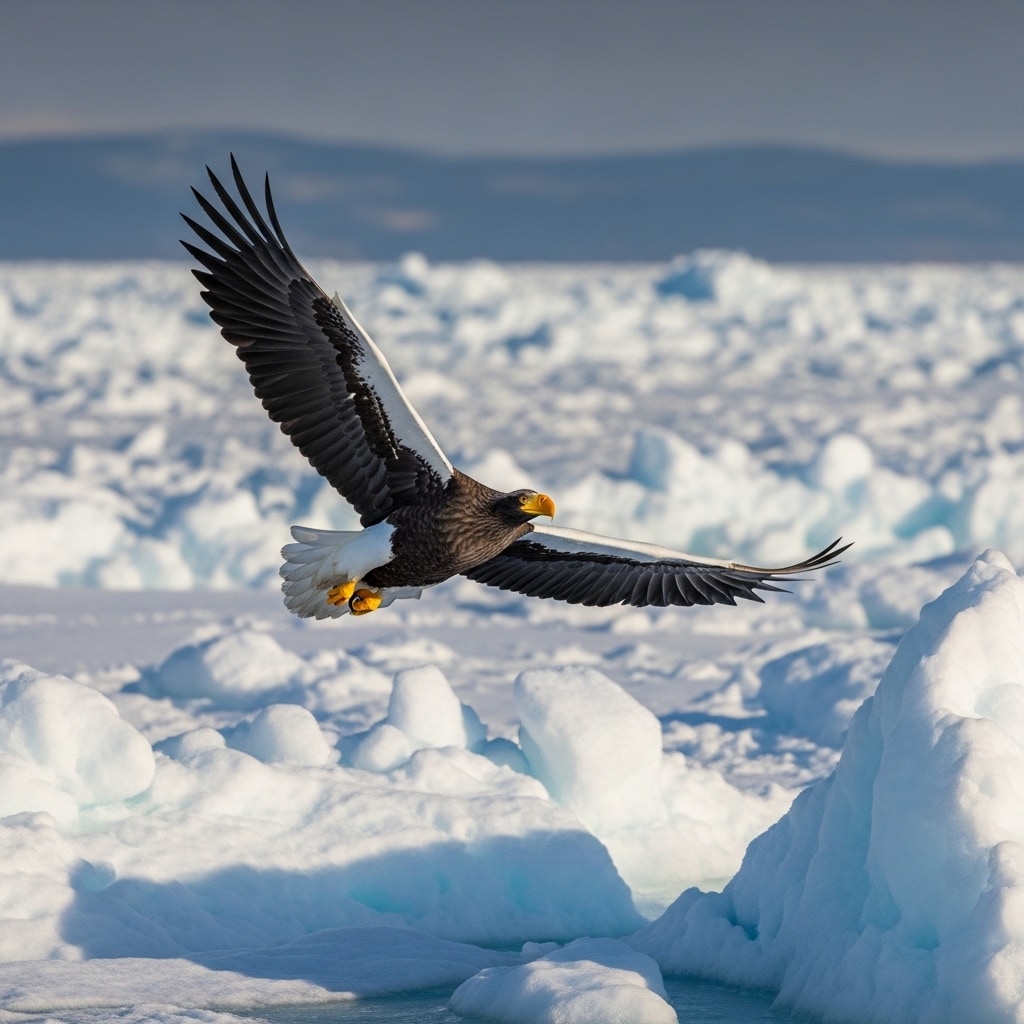 流氷の上を飛びオジロワシ