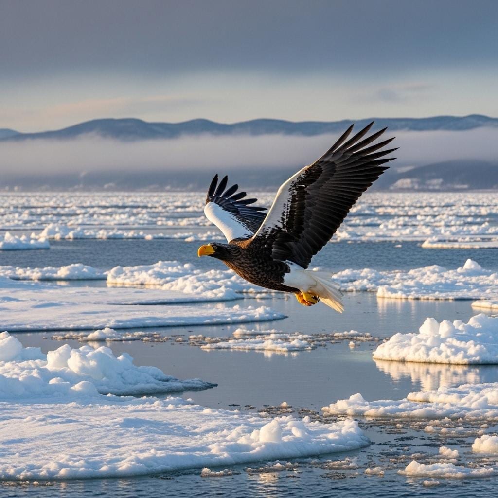 流氷の上を飛びオジロワシ