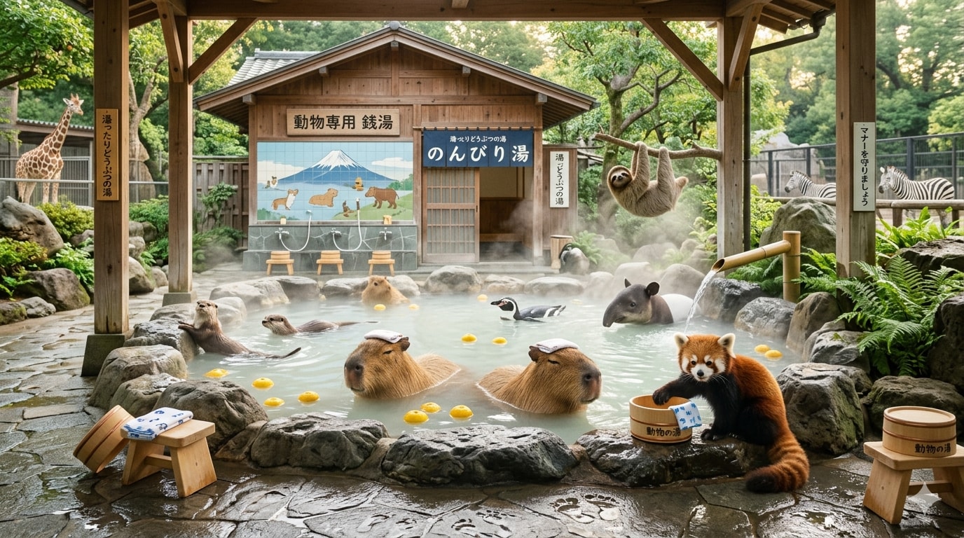 動物たちが集まる銭湯 | の人気AIイラスト・グラビア