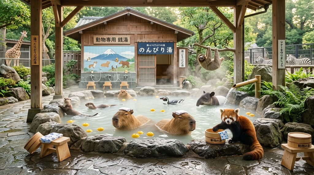 動物たちが集まる銭湯