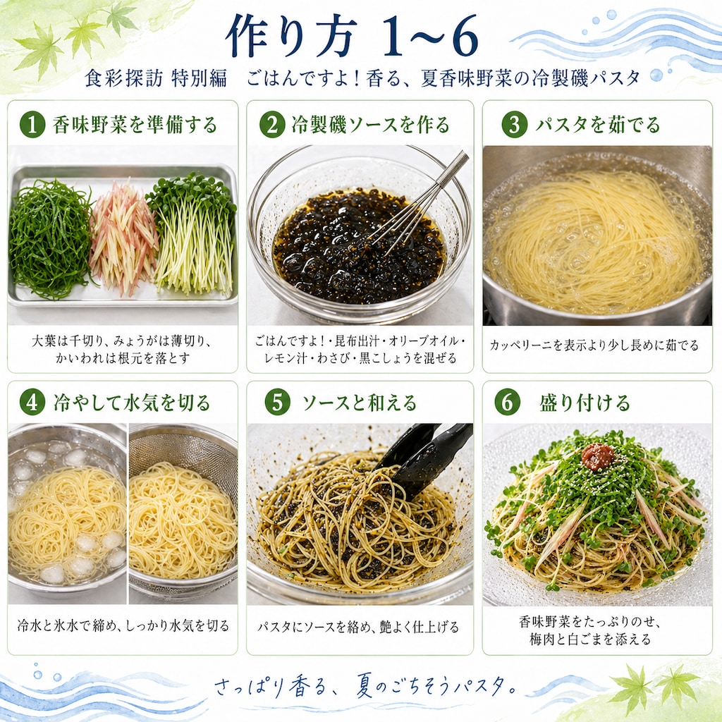 ごはんですよ！香る、夏香味野菜の冷製磯パスタ