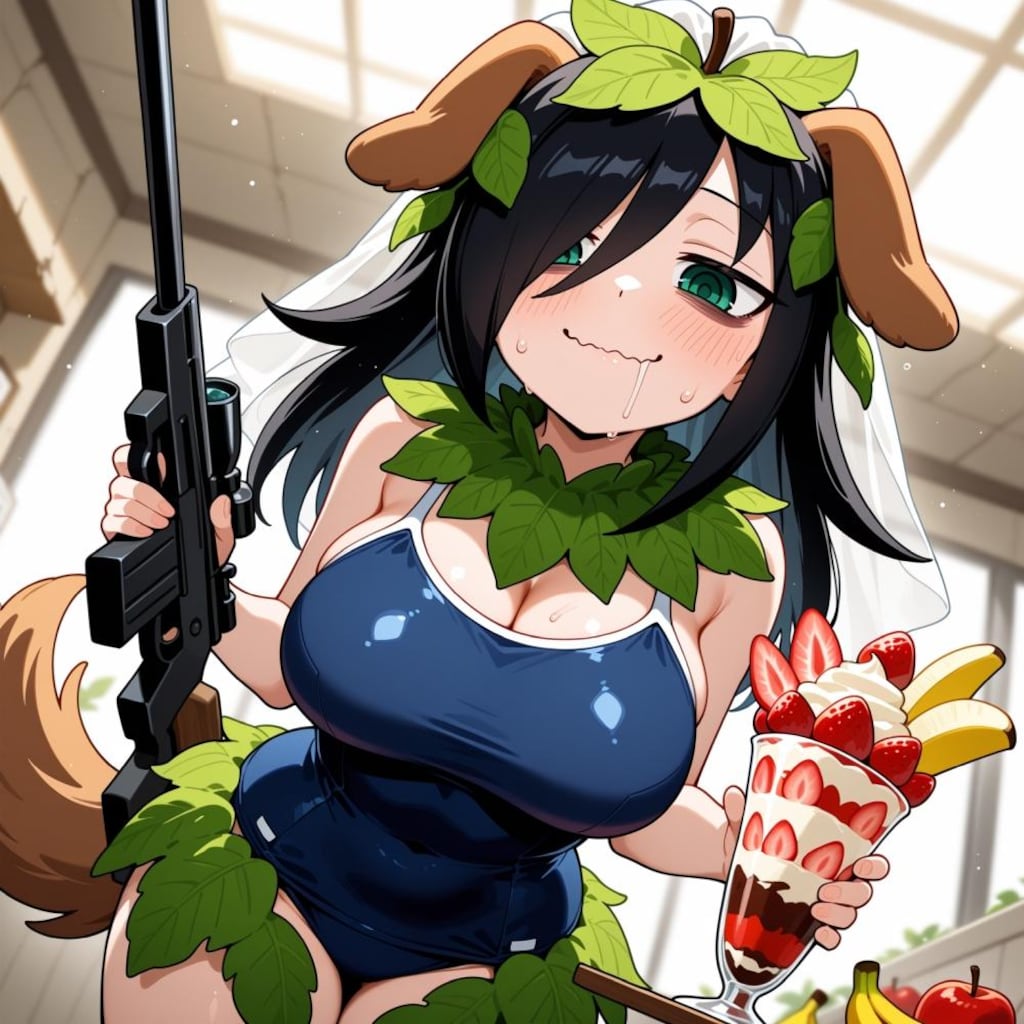 ショッピングモールで果物スイーツ食べる花嫁スク水葉っぱ迷彩スナイパーモン娘狸＆犬娘コスプレ人妻