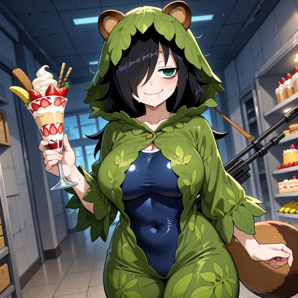 ショッピングモールで果物スイーツ食べる花嫁スク水葉っぱ迷彩スナイパーモン娘狸＆犬娘コスプレ人妻