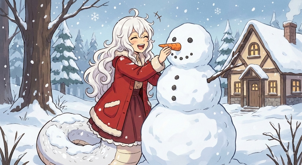 雪達磨作りをしているエキドナちゃん