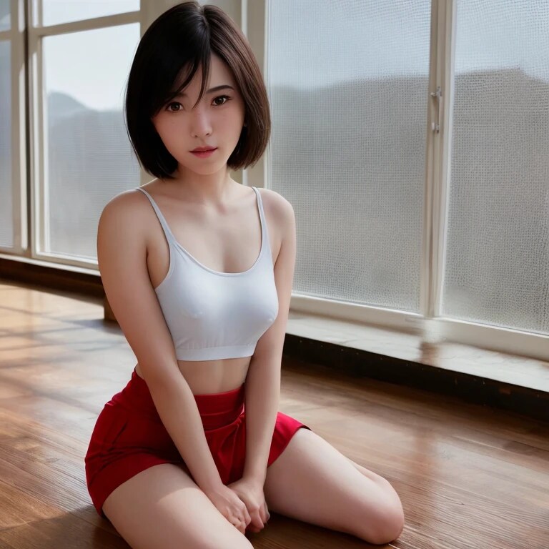 黒髪ボブで体操服の美女４