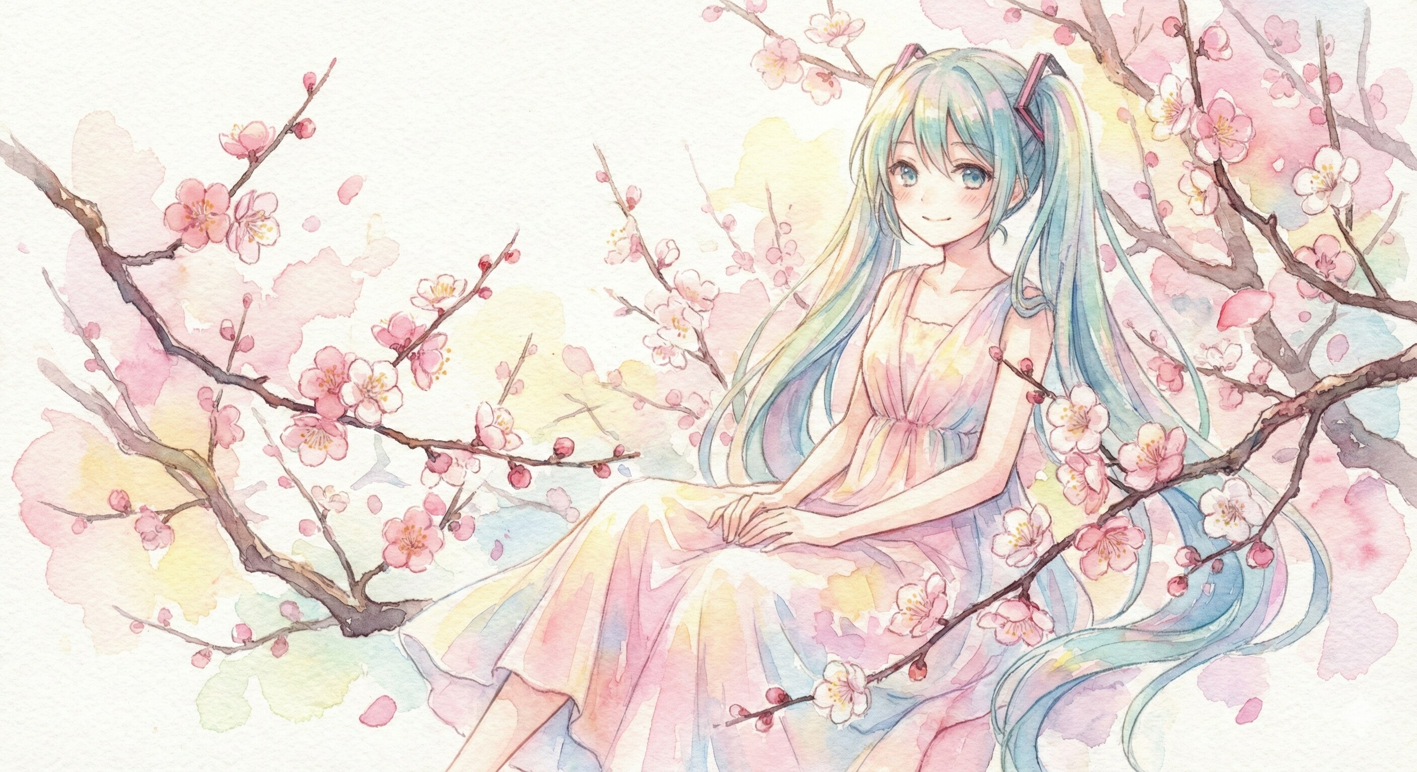 水彩画ミクさん　花霞の向こう、春色の特等席 | の人気AIイラスト・グラビア