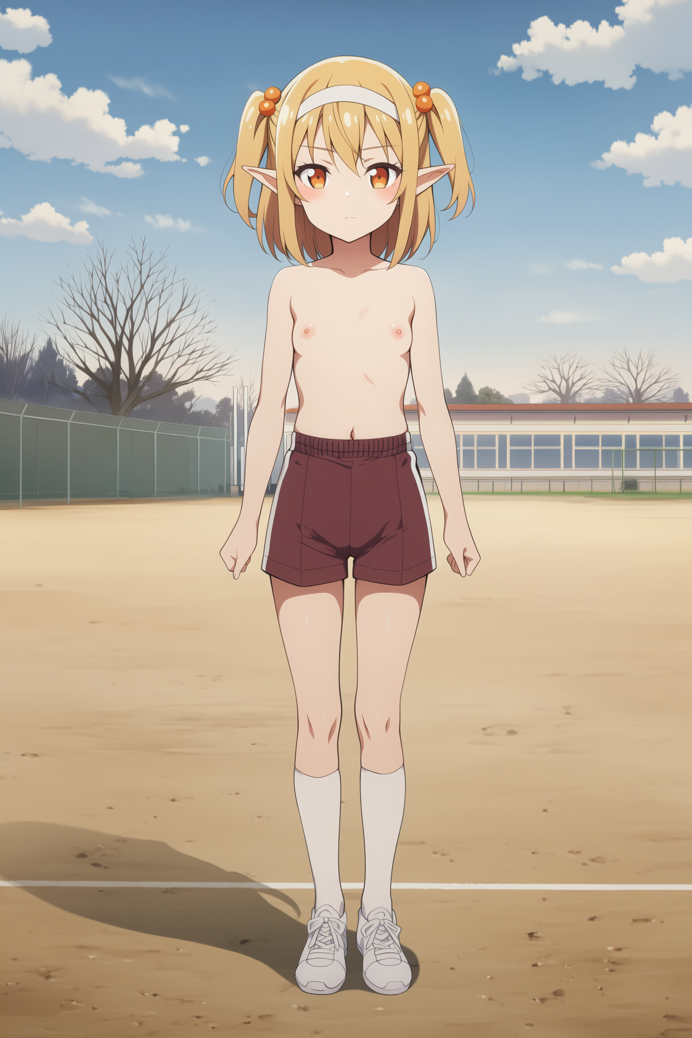 体操着の短パンに上半身裸のエルフさん