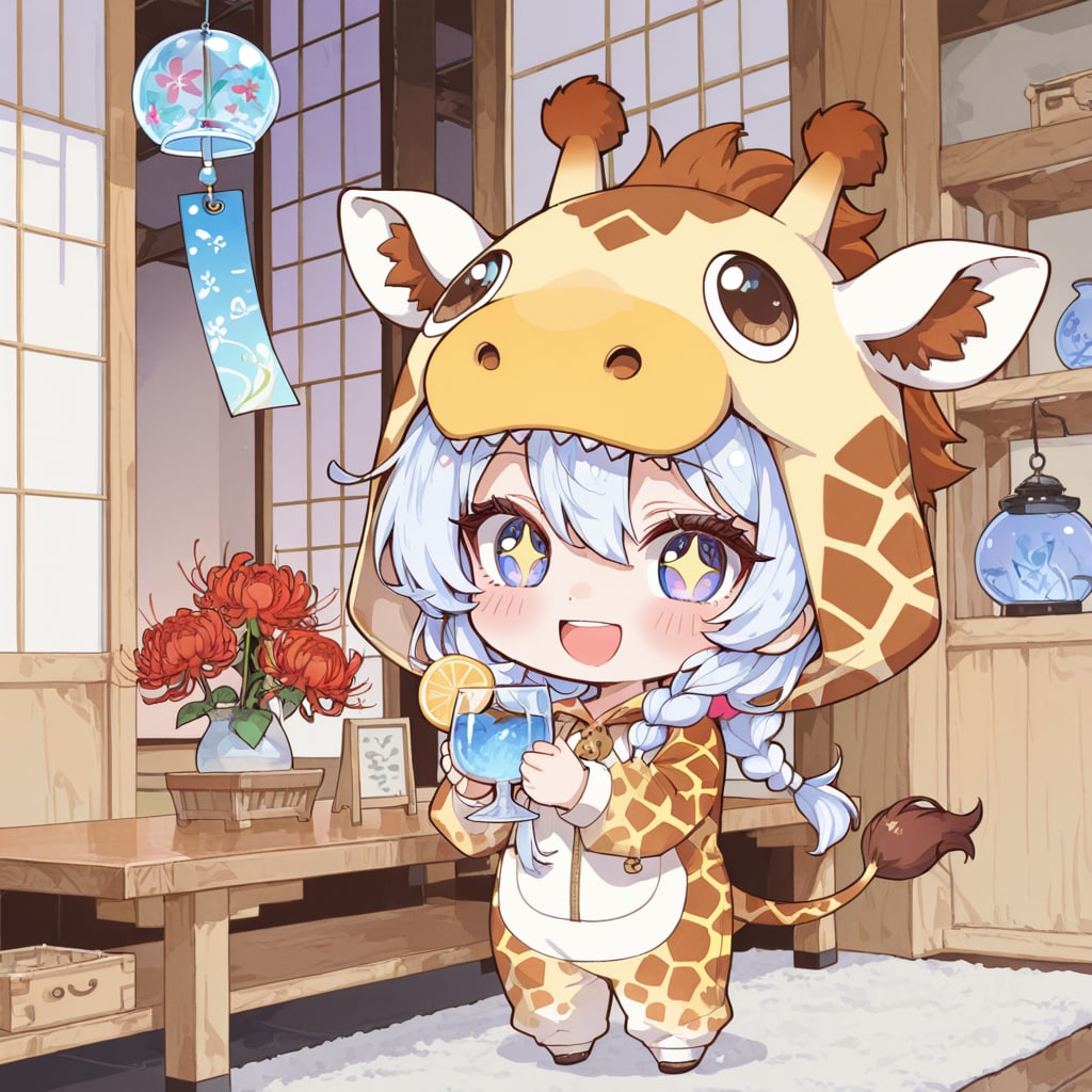 謎のガラスアートとキリン着ぐるみちび子ちゃん