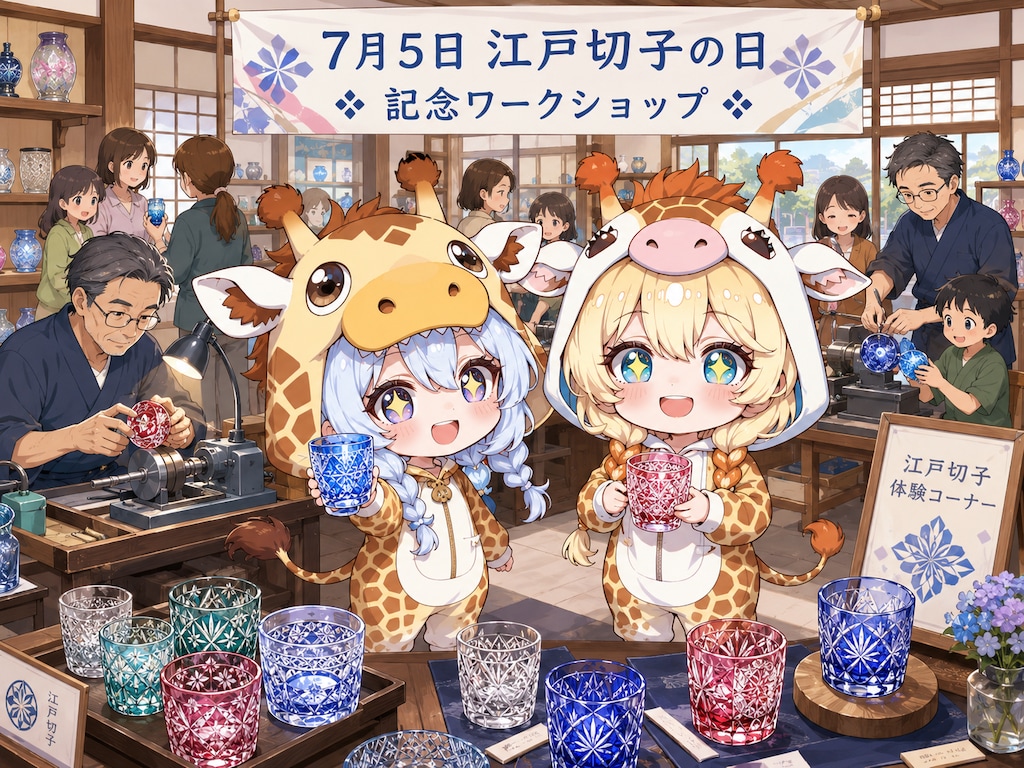謎のガラスアートとキリン着ぐるみちび子ちゃん