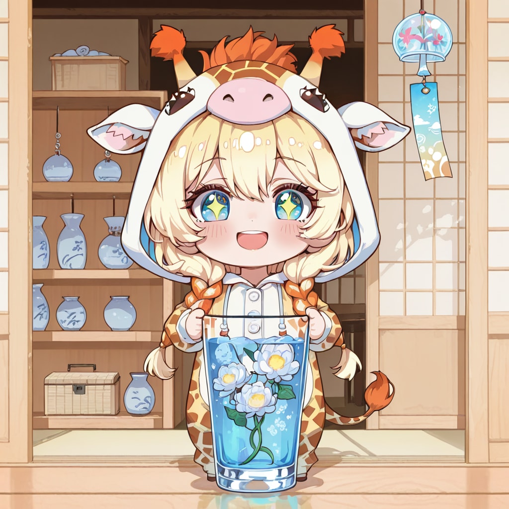 謎のガラスアートとキリン着ぐるみちび子ちゃん