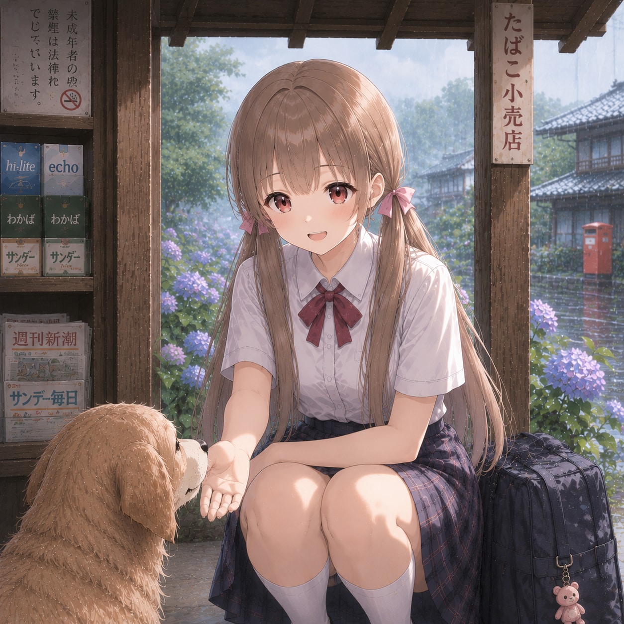 雨宿り。梢と子犬。