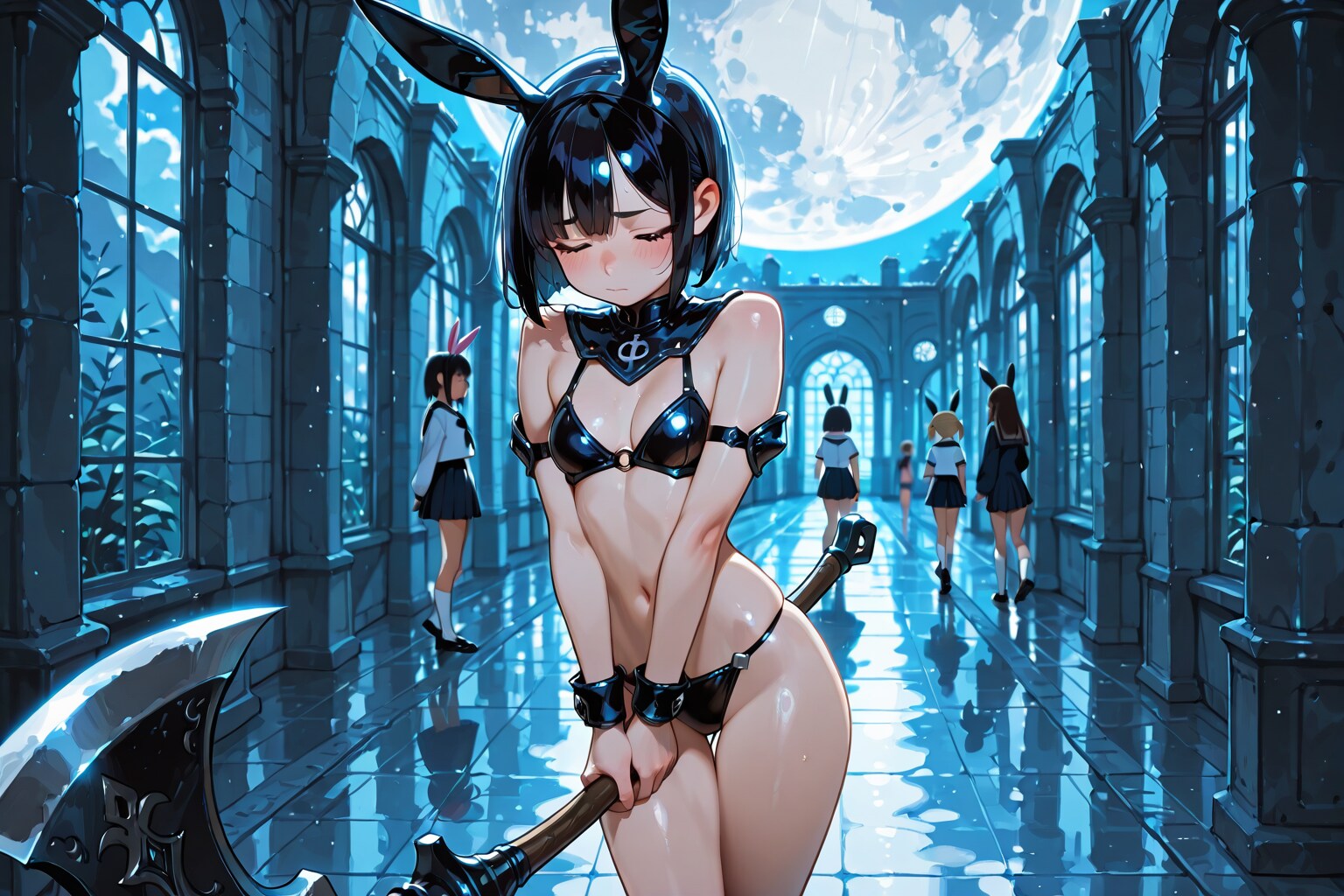 ビキニアーマーの少女達が大斧かざして旅立つ（エキドナ化）