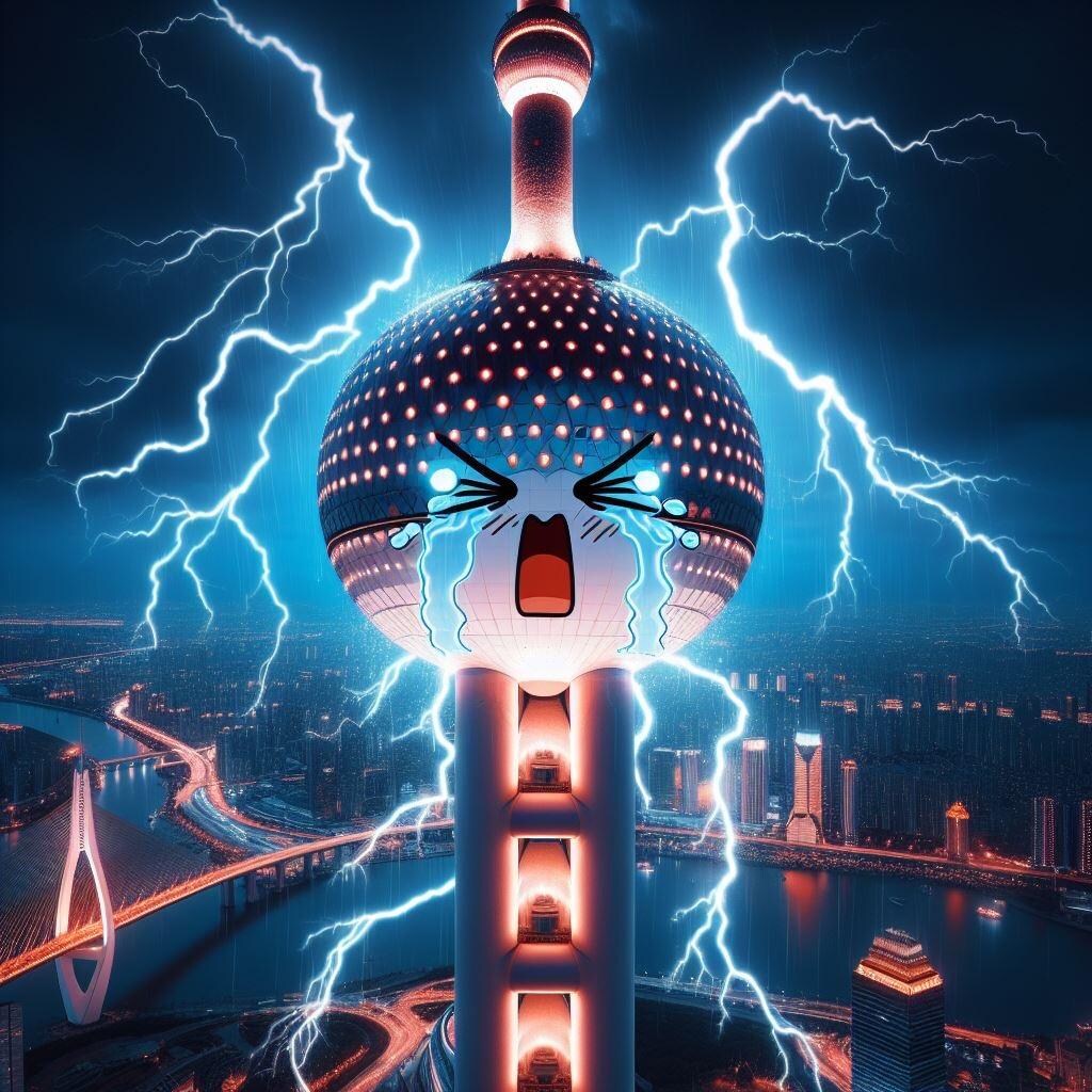 【謎画像】上海の東方明珠電視塔なりきり体験中に運悪く雷に打たれた女の子