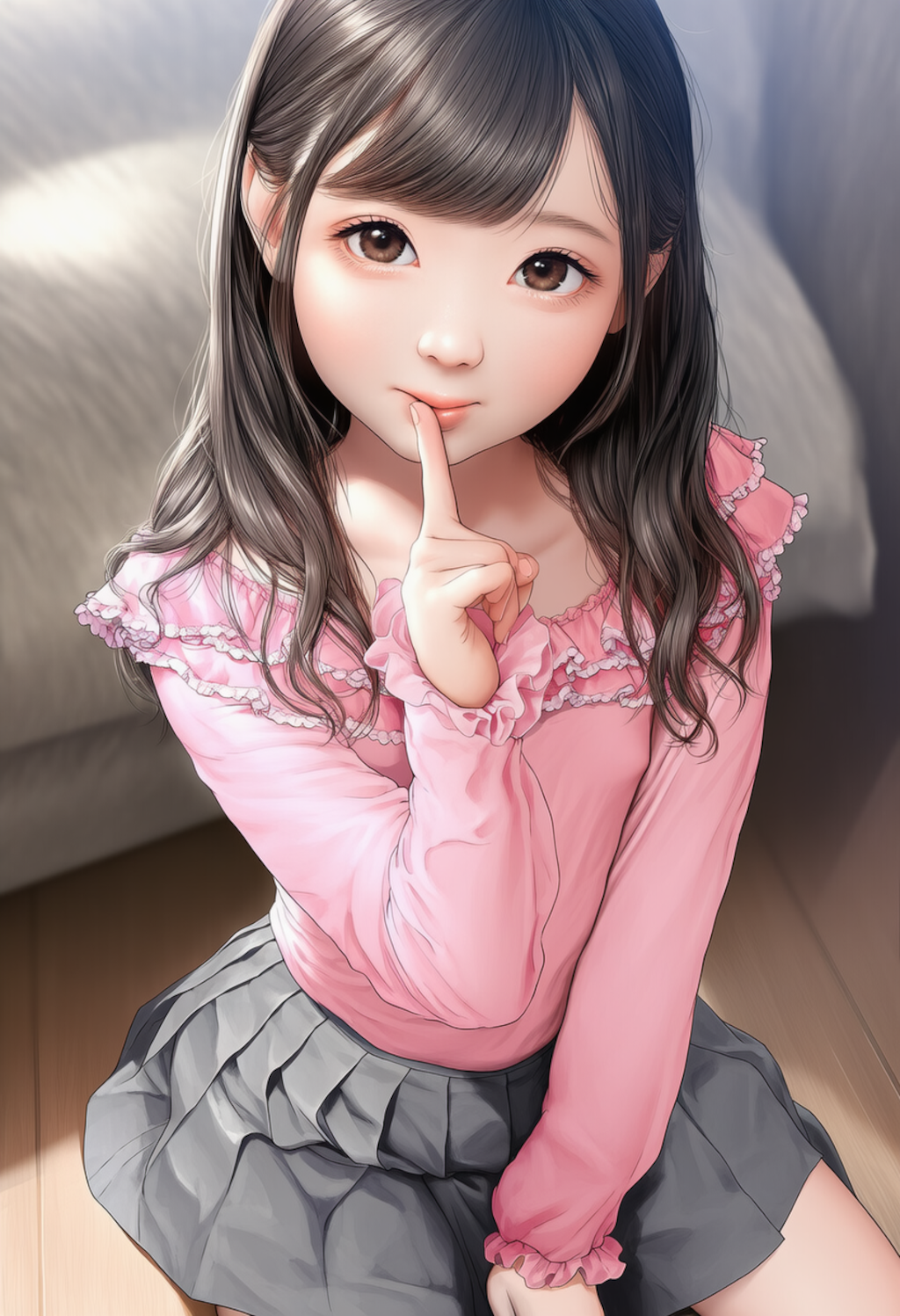 ピンクのシャツの女の子人差し指