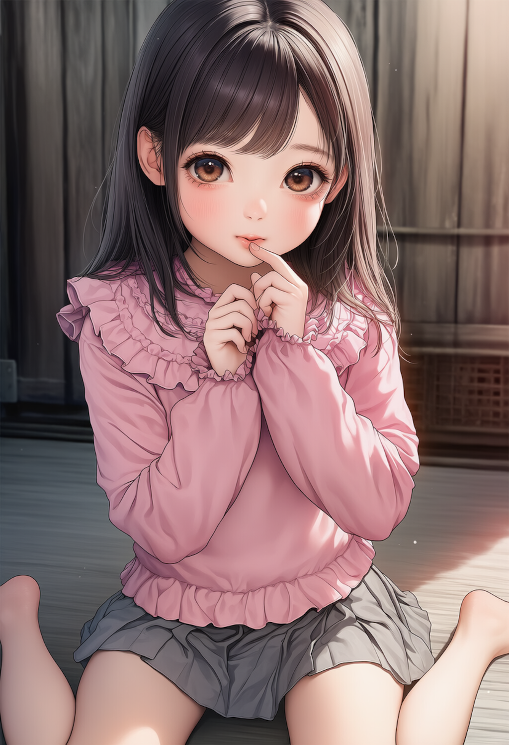 ピンクのシャツの女の子人差し指