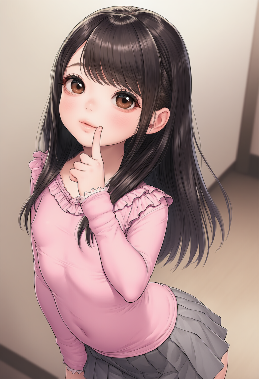 ピンクのシャツの女の子人差し指